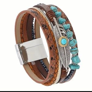 ETHNIC PU LEATHER TURQUOISE FEATHER GRAVEL STONE BRACELET